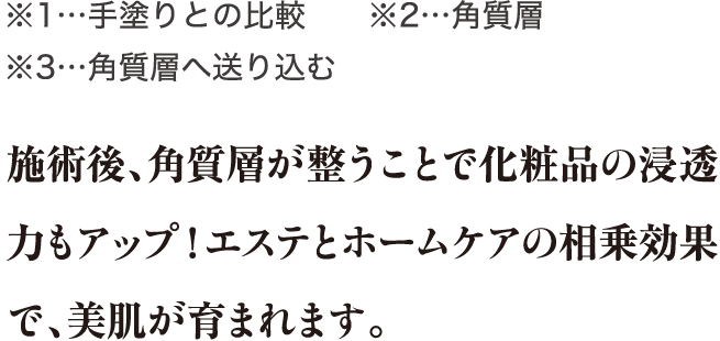 ※1…手塗りとの比較　　※2…角質層※3…角質層へ送り込む 施術後、角質層が整うことで化粧品の浸透力もアップ！エステとホームケアの相乗効果で、美肌が育まれます。